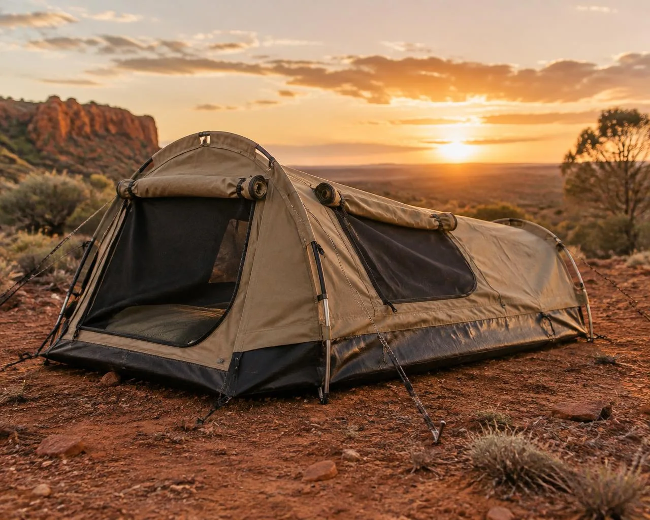 Concept render of The Nullarbor, a pitched sand-coloured single dome swag with mesh windows and a charcoal base