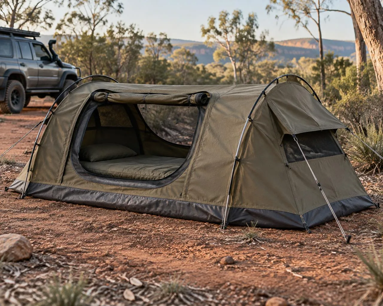 Concept render of The Outback, a pitched olive-green double dome swag with side vents and a charcoal base