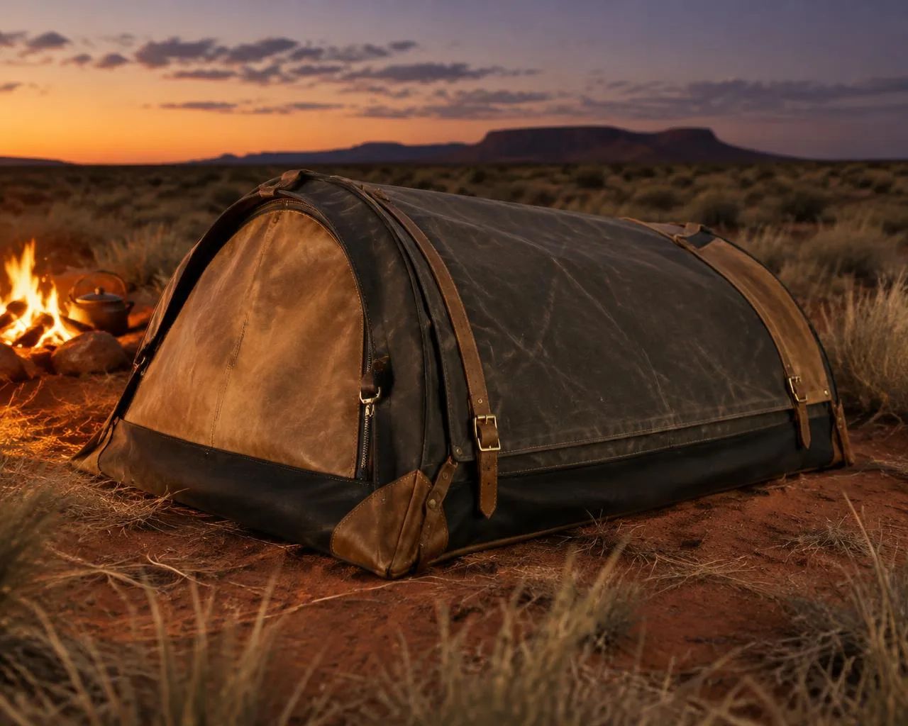 Concept render of The Big Red, a pitched charcoal canvas dome swag with tan hide panels and leather trim